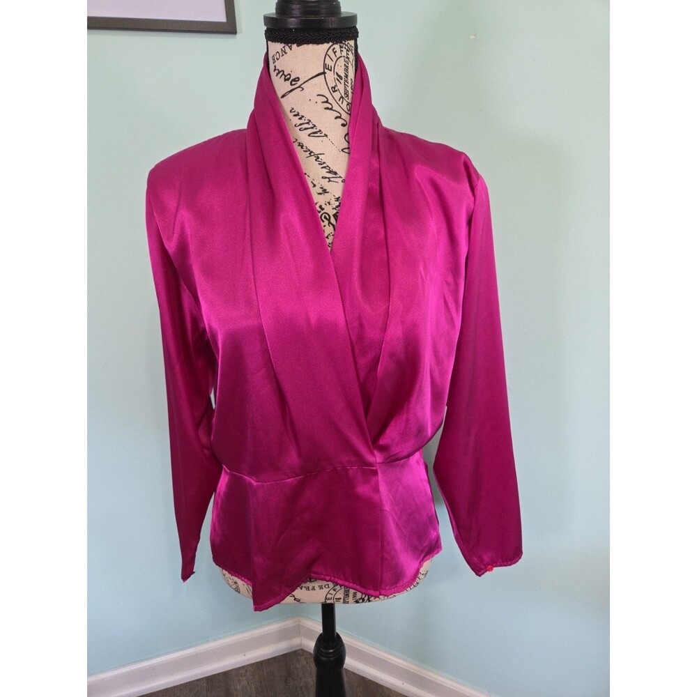 Tess Silk Wrap Blouse pink 12 p vintage Collar Long Sleeve Dressy